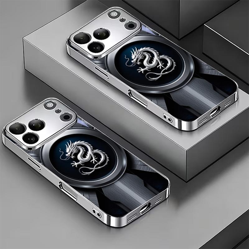 Metal Chinese Dragon Crest Electroplated Silver Phone Case For iPhone 16 17 15 14 13 12 11 Pro Max Plus 16E 17Air XR 7 8 Cover