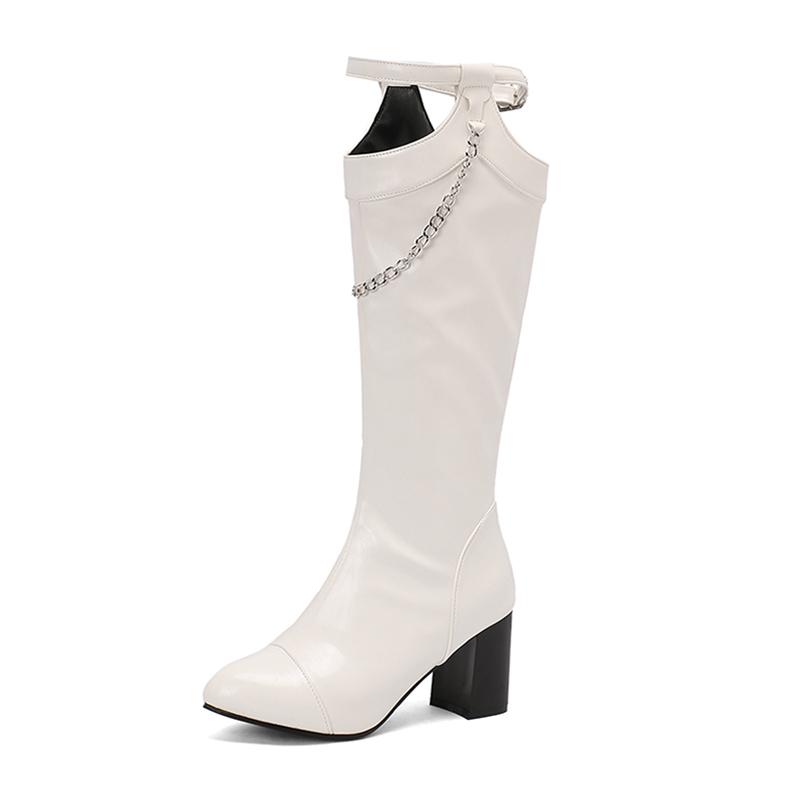 FOREADA Women Knee High Boots Round Toe Chunky High Heels Chain Buckle Zipper Long Boots Ladies Fashion Shoes Autumn Winter 46