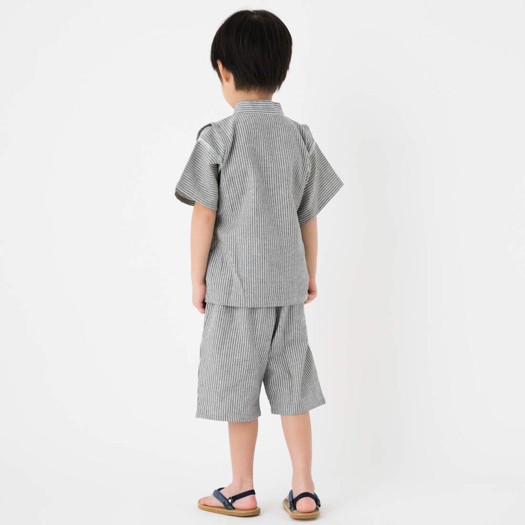 Watanosato Made In Japan Hickory Pattern Crepe Woven Casual Jinbei for Boys Gray (Size 90, Stripes)