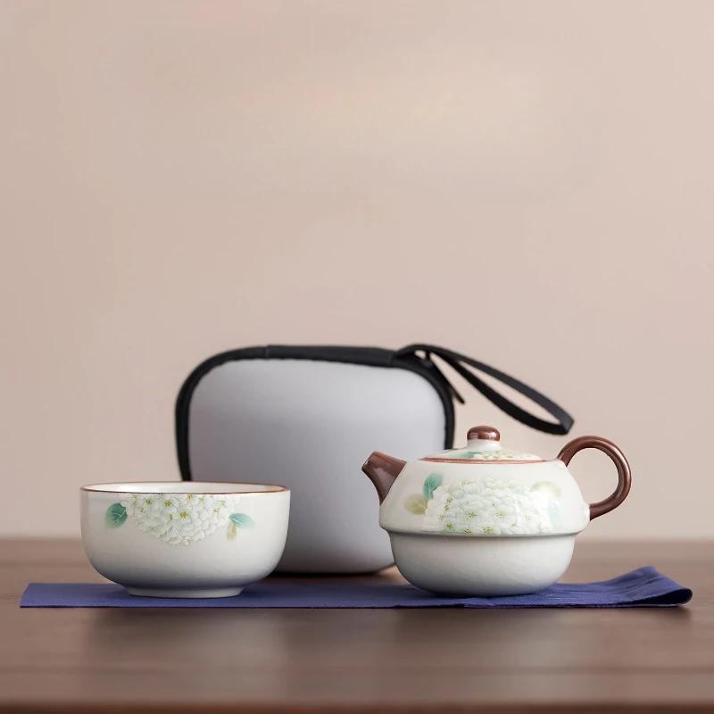 

Handmade Teapot Portable Ru Kiln Tea Set Ceramics One Pot One Cup Outdoor Travel Chinese Kung Fu Tea Set Vintage