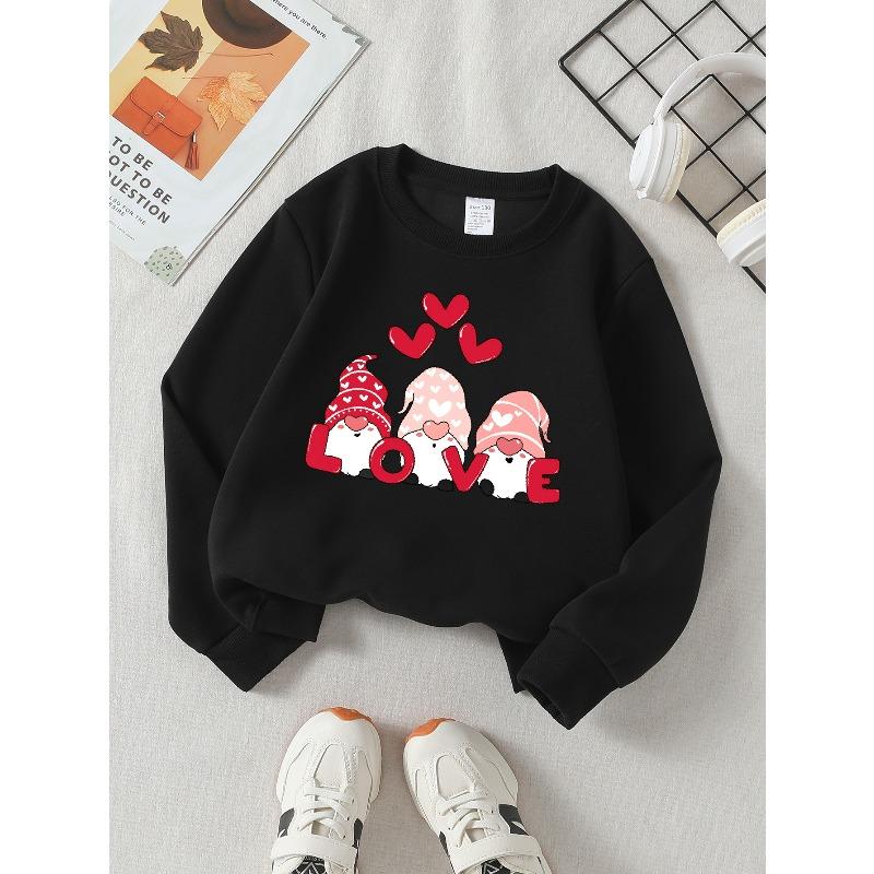 Valentine's Day Fashion Girls' Polyester Long-Sleeve Crewneck SweatshirtLove Gnomes Hearts Valentine Soft, Comfortable, Warm