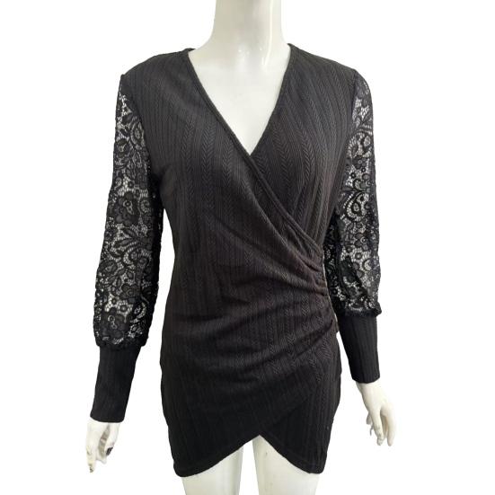 Women Dress Hollow Out Lace Sleeves Sheath Slim Fit Irregular Deep V Neck Hem Solid Color OL Style Formal Party Banquet Mini Dress Fall Spring Short