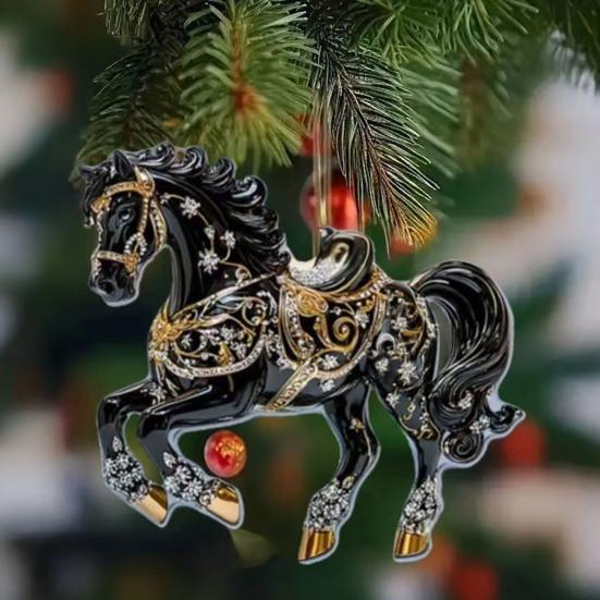 Horse Christmas Ornaments Glitter Rhinestone Horse Christmas Tree Hanging Ornament 2D Flat Acrylic Car Rear View Mirror Charm for Holiday Home Decor
