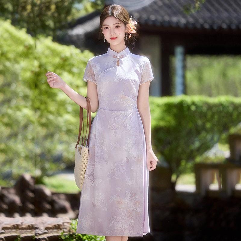 Purple Modern Chinese-Inspired Long Dress Women 2026 Vintage Style With Stand Collar Small