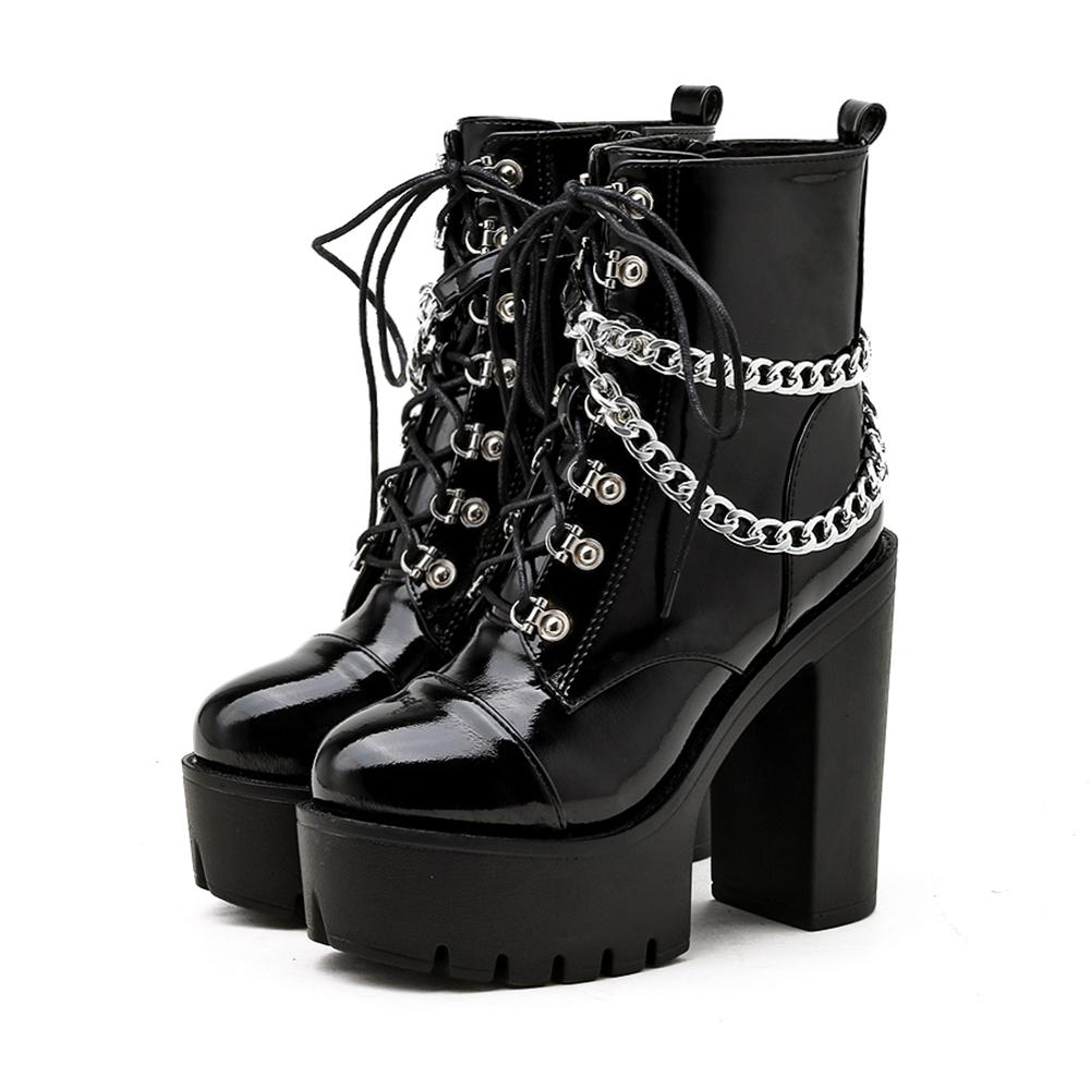 

Gdgydh Women s Black Gothic High Heel Ankle Boots Sexy Chain Punk Style Patent Leather Platform Boots Lace Up Motorcycle Boots 38