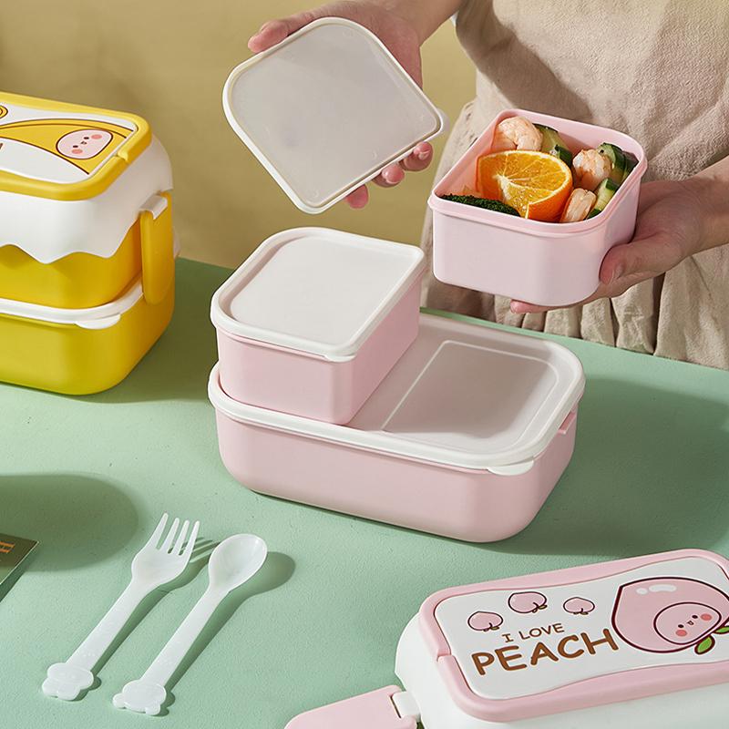 1L/2L Double Layer Lunch Box Cute Children Bento Box with Compartments Microwavable Food Storage Container for Picnic School
