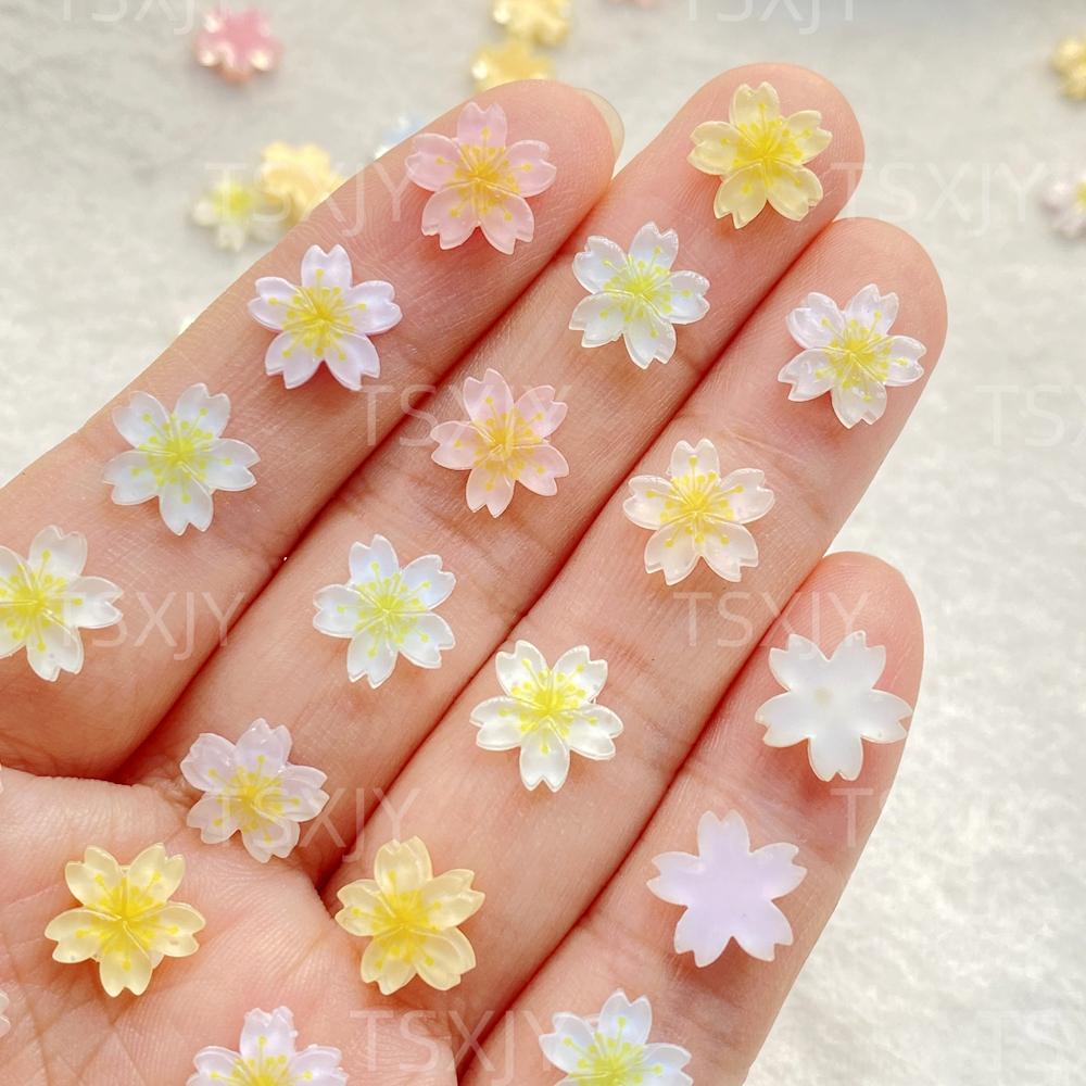50pcs New Model Resin Cute Mini Colorful Cherry Blossoms, Peach Blossoms Nail Art Flatback Rhinestone DIY Scrapbook Crafts