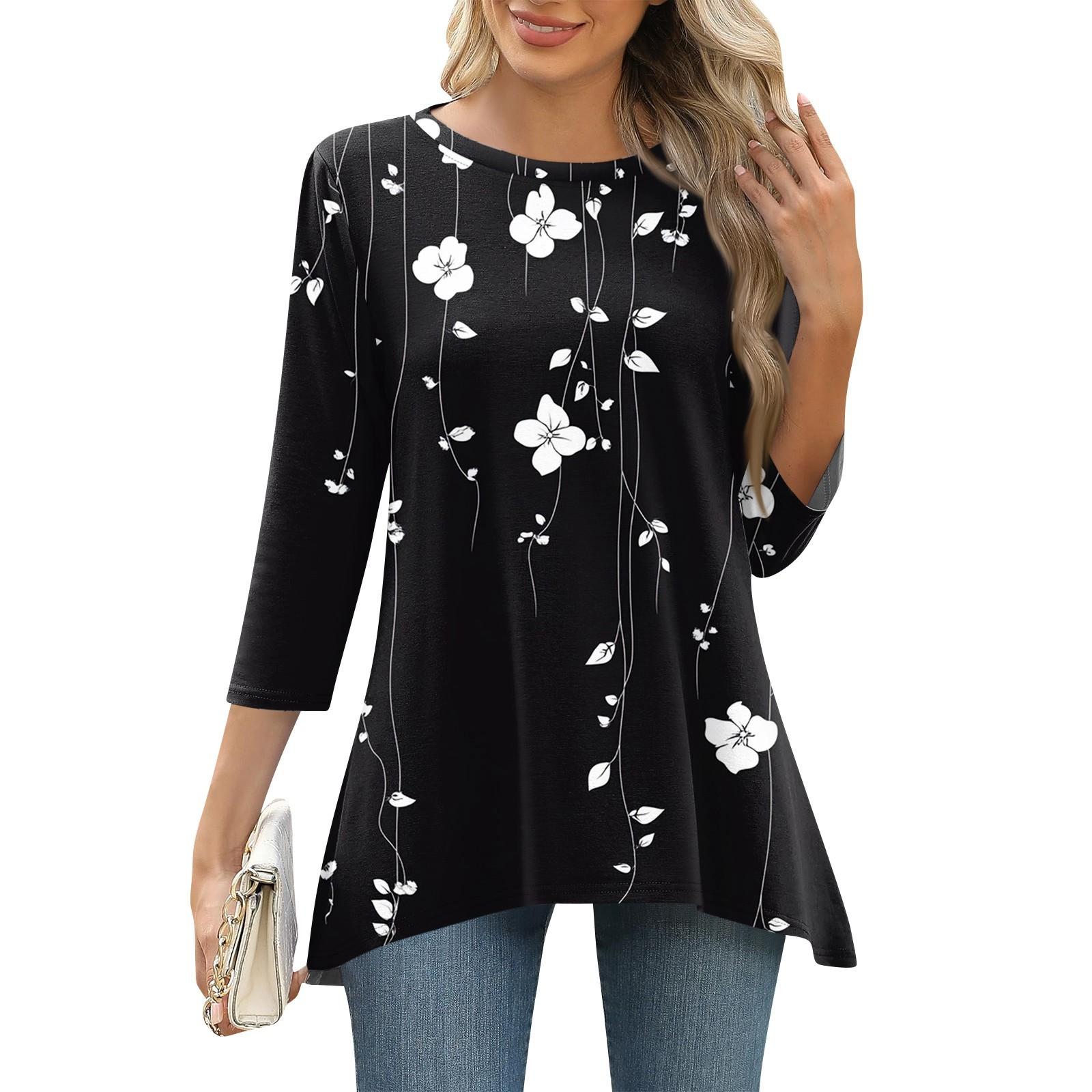 

3/4 рукав туника топы для женщин принтованный повседневный выходной свободный крой модная базовая футболка с круглым вырезом S чёрный