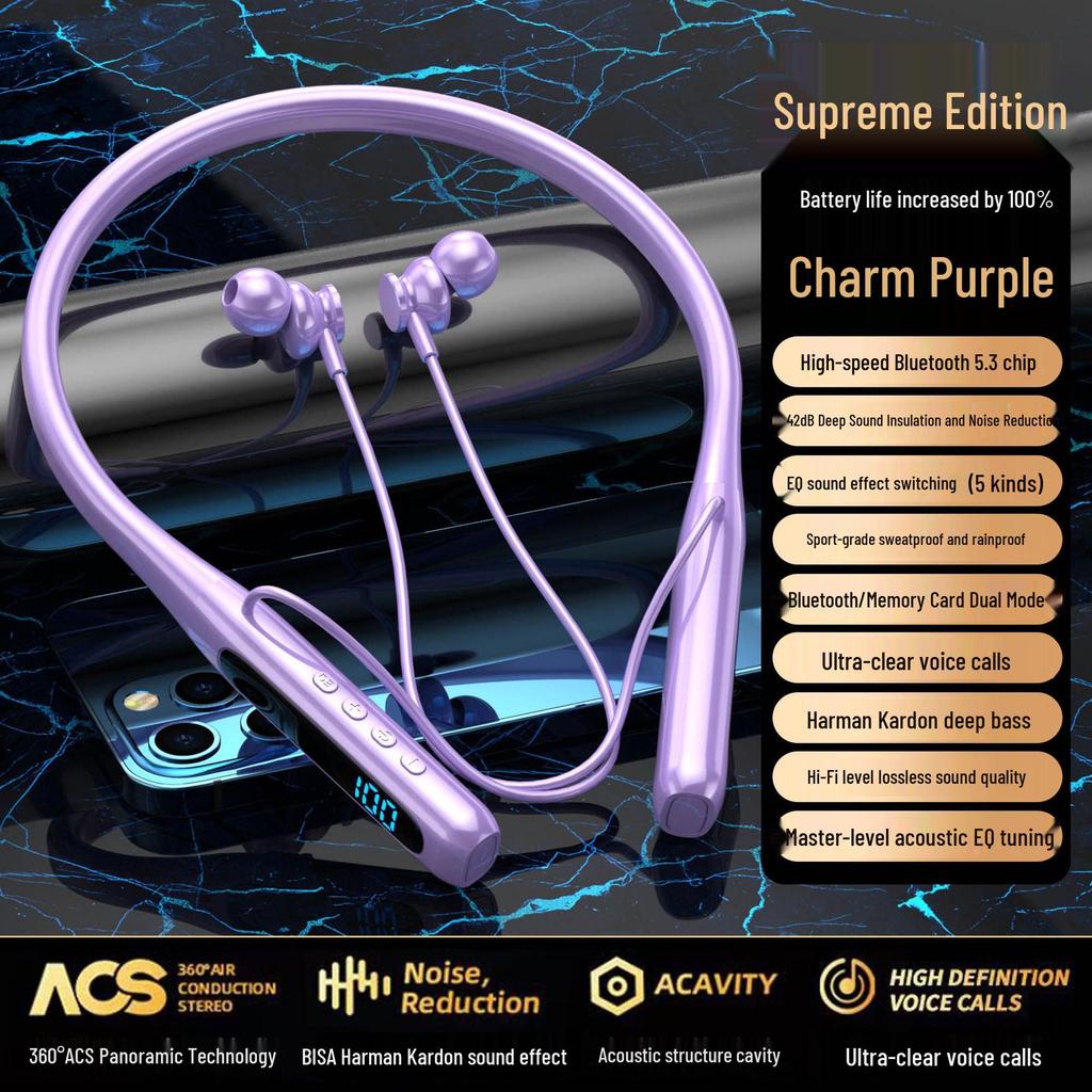 Neckband Bluetooth Headphones 2025: Ultra-Long Battery, Large Capacity, Comfortable Fit, Noise Reduction, High Quality, Card Slot.