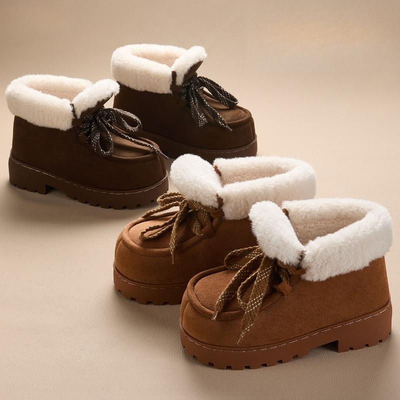 Fashion Winter Warm Fluffy Lace Up Ankle Boots for Women Retro Brown Faux Suede Platform Boots Comfort Anti Slip Chunky Heel Snow Boots