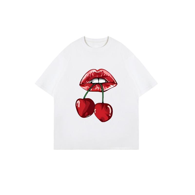 Black Oversized T Shirt With Red Lips And Cherries Print For Casual Wear