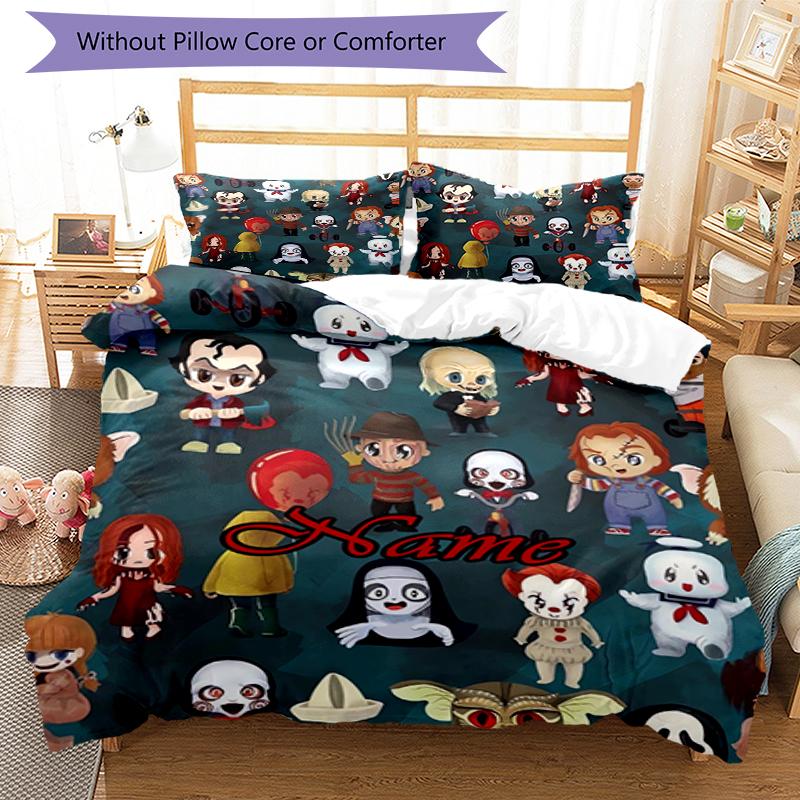 3pcs Custom Name Halloween horror Bedding Set Duvet Cover Closure Includes 1 Duvet Cover & 2 Pillowcases, Soft and Comfortable for All Seasons.