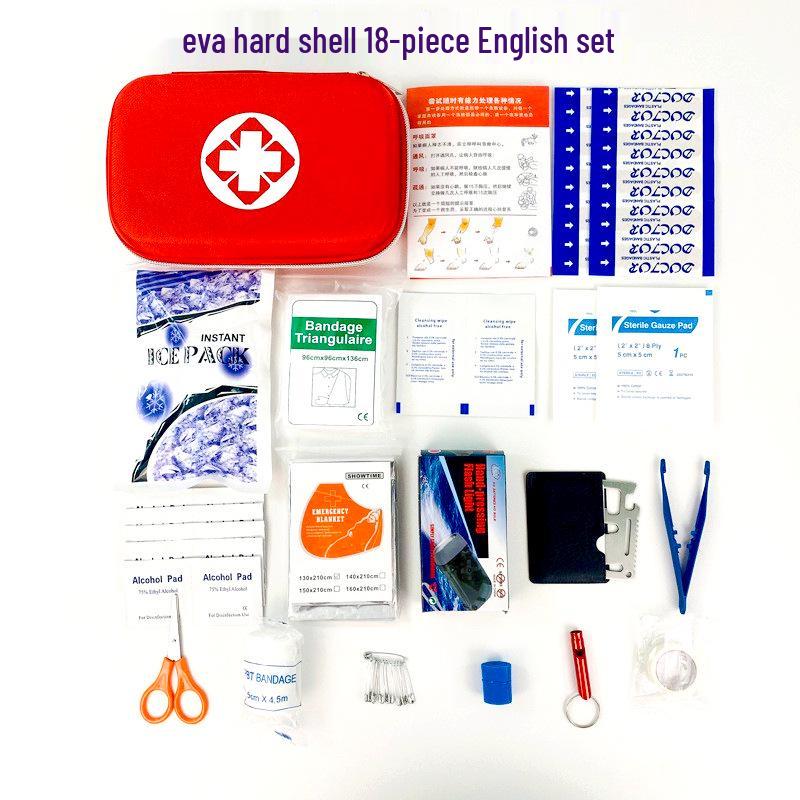 

Аптечка первой помощи из 18 предметов в жестком футляре из ЭВА для использования на открытом воздухе, в автомобиле при аварийной ситуации и для семейного использования красный