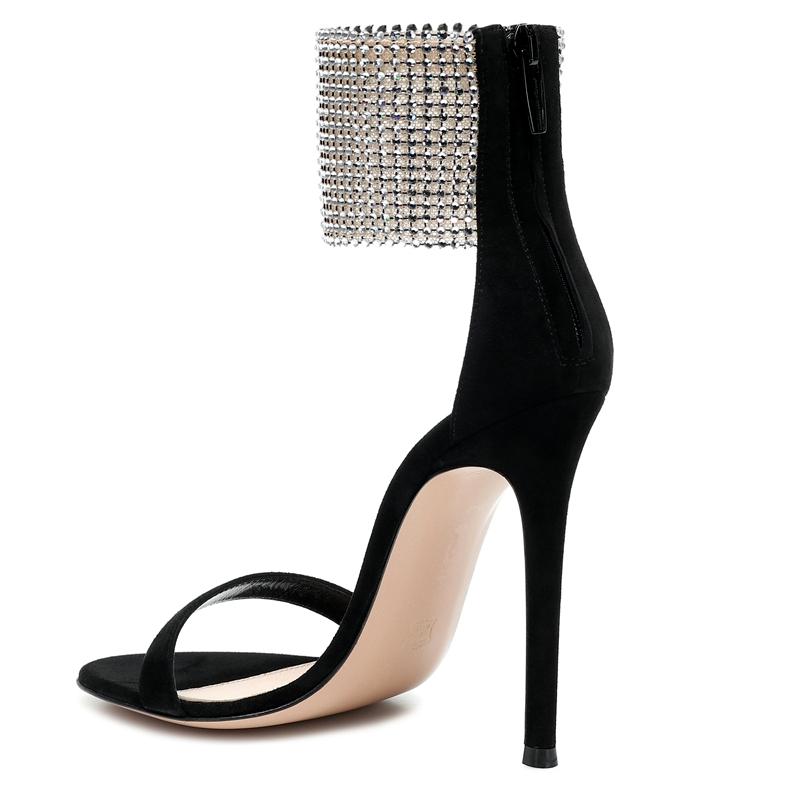 Lato Nowe Sandały Szpilki Kobiety Cyrkonie Pasek z Klamrą Jedno Słowo Czarne Buty na Wysokim Obcasie Kobiety Moda Sandalias De Las Mujeres