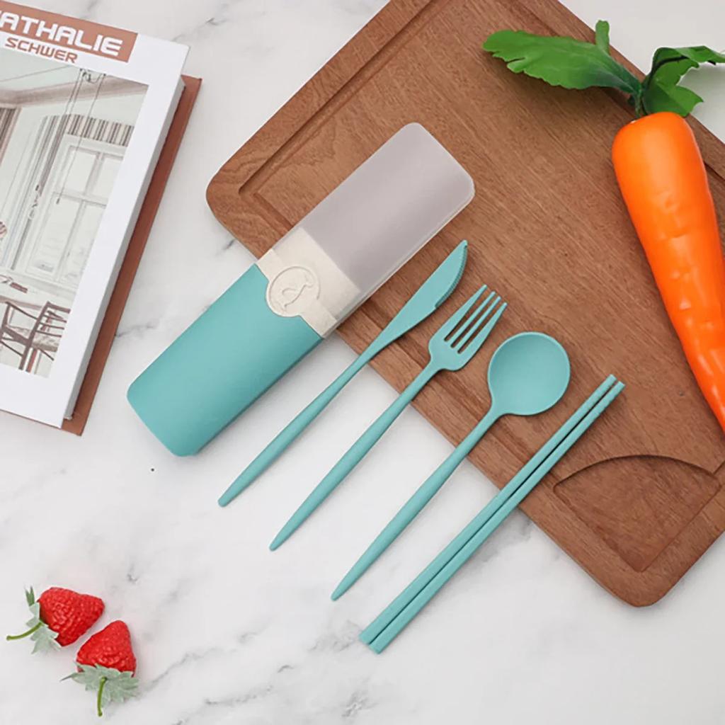 5Pcs Wheat Straw Dinnerware Set Portable Tableware Knife Fork Spoon Eco-Friendly Travel Cutlery Utensil Box Chopsticks