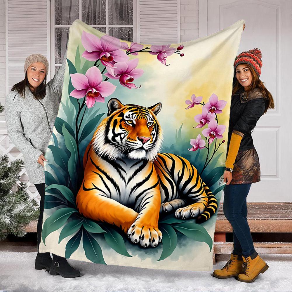 1pc Tiger Orchid Floral Pattern Print Outdoor Blanket, Lightweight Polyester,