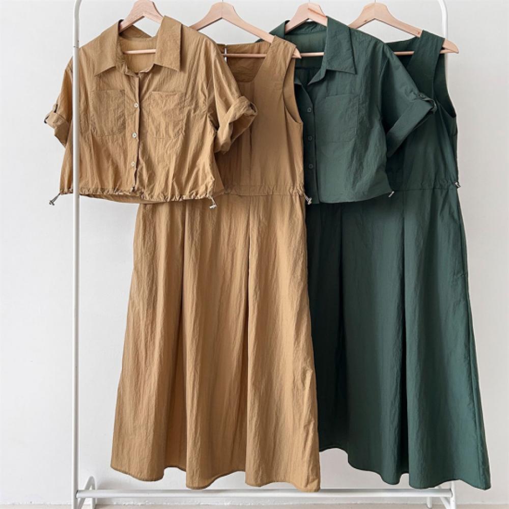 New Arrivals Open Run Women Pocket Strap Short Sleeve Shacket Tank Long Dress
