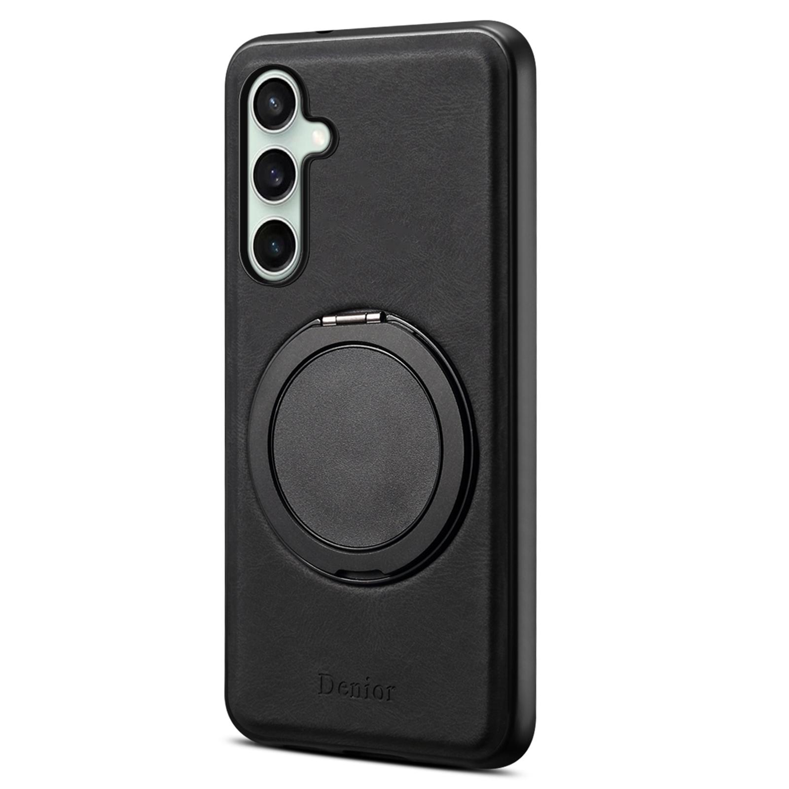 

DENIOR A14 For Samsung Galaxy S24 FE Magnetic Case Rotary Kickstand Leather PC TPU Phone Cover Black
