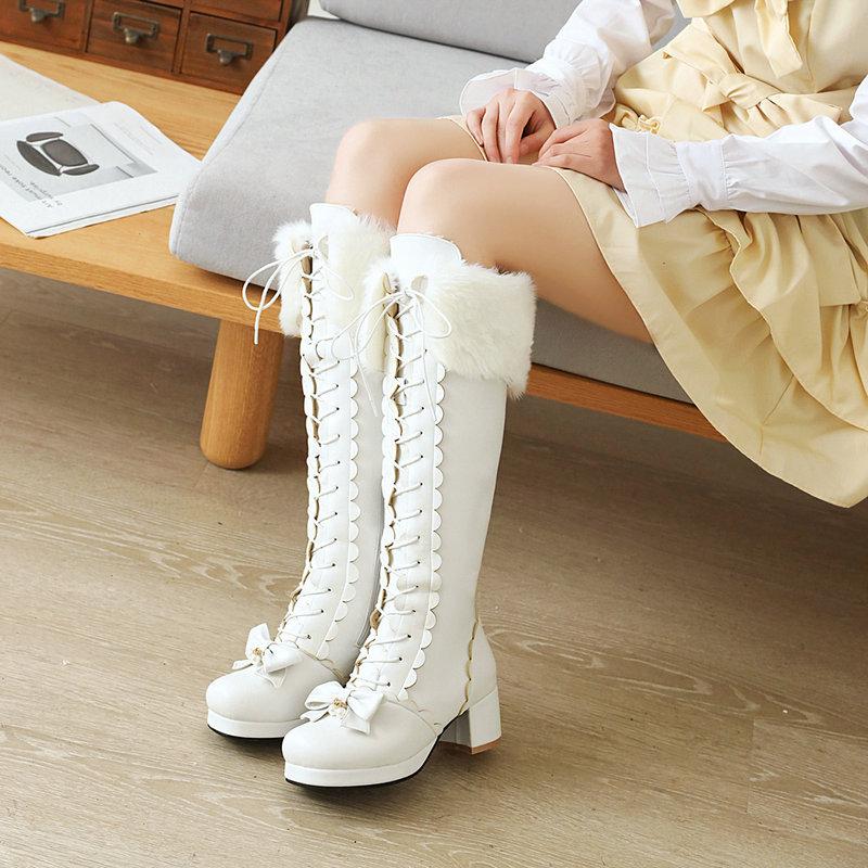 Fashion Princess High Knee Boots Winter Shoes Woman Bowknot Chunky Heel Lolita Shoes Side Zipper Girls Boots Large Size 30-43