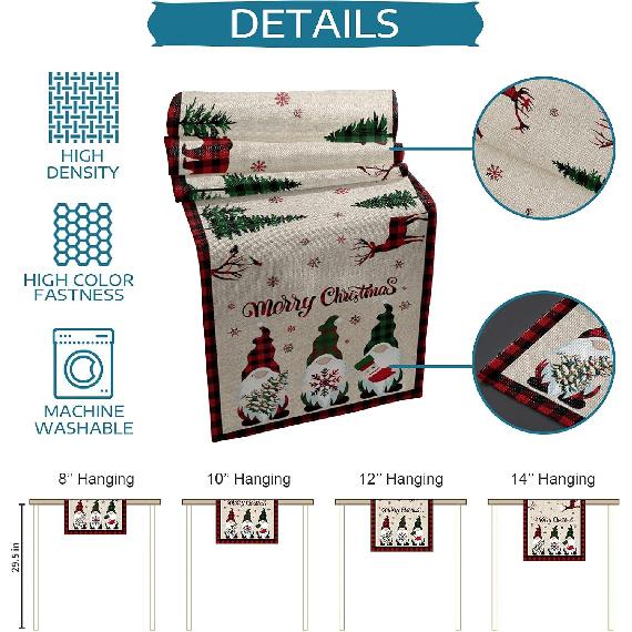 Merry Christmas Gnome Table Runner 70 Inches Long,Xmas Tree Elk Farmhouse Buffalo Plaid Table Runner,Winter Snowflakes Retro Linen Dresser Scarves