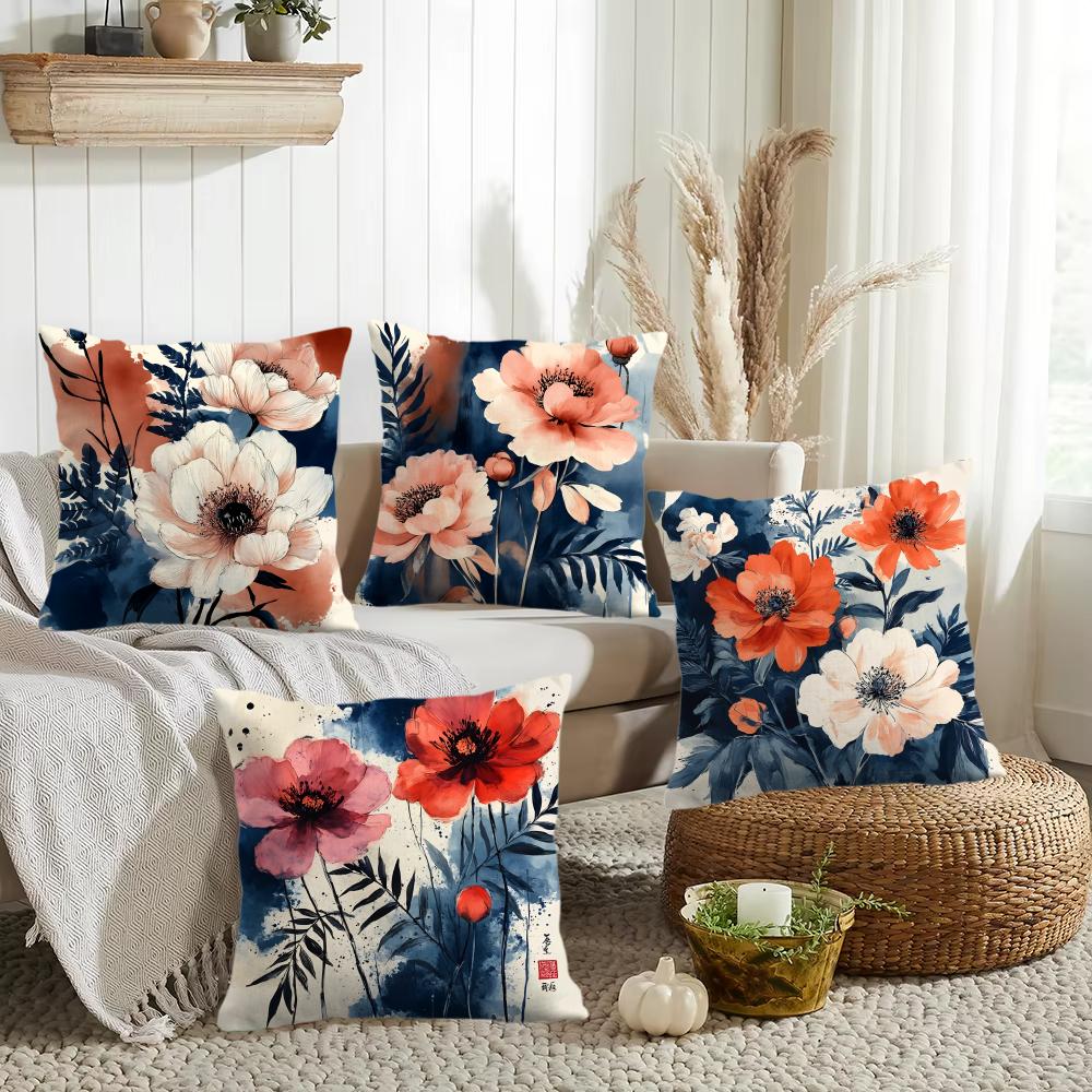 Large Flowers Painting Cushion Cover DoubleSided Printed Organic Linen Pillow Cover Decorative for Sofa Home