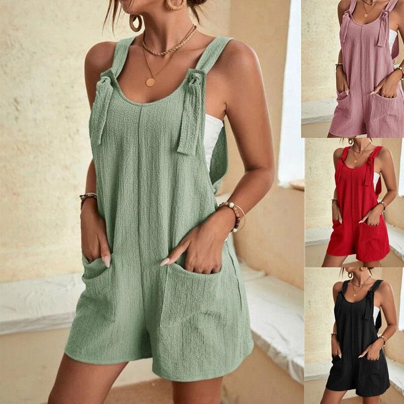 Women Summer Jumpsuit Casual Sleeveless Short Overalls Strappy Romper Simple Loose Fit Solid Color with Pockets for Office Streetwear Travel Beach