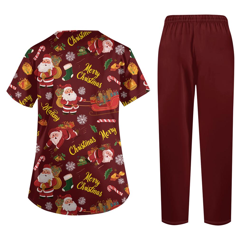 Damen-Uniformset mit kurzärmeligem Weihnachtsdruck-Oberteil und Hose, 2-teiliger Pflegekraft-Kittel