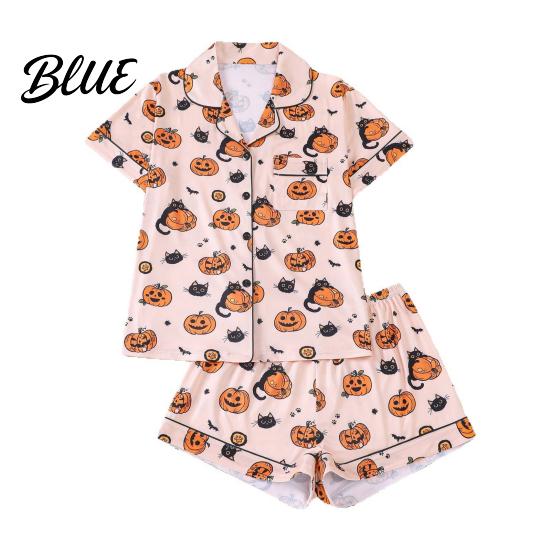 Seasonal Halloween Pajamas Pajama Sets for Women Button Down Short Sleeve 2 Fun Halloween-themed Piece Sleepwear Pumpkin Print Shirts And Shorts