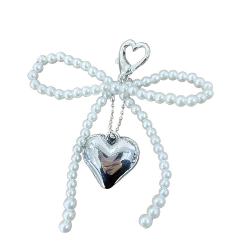 Chic Imitation Pearl Keychain Handmade Bow Shaped Keyring Heart Pendant Keyrings