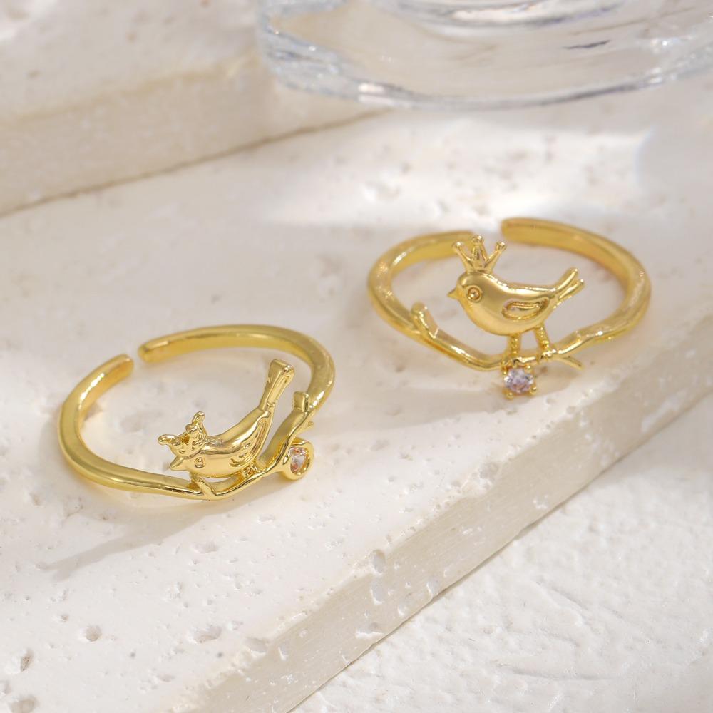 Exquisite Charm Gold Color Inlay Zircon Crown Little Bird Branch Opening Ring for Woman Stainless Steel Cute Animal Jewelry Gift