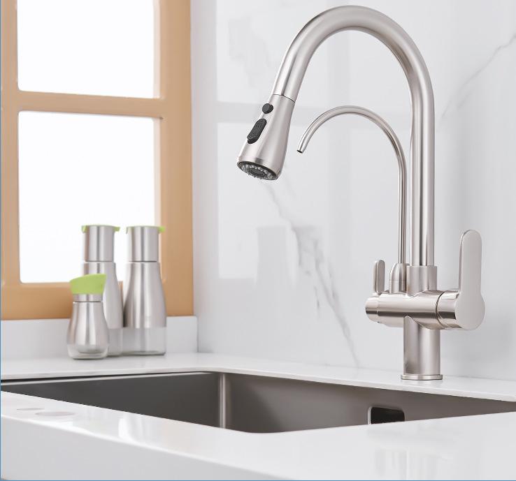 Matte Black Kitchen Faucet with Pure Water Function Dual Handle Tap Deck Mounted 360 Rotation Pull Out Hot Cold Mixer Taps