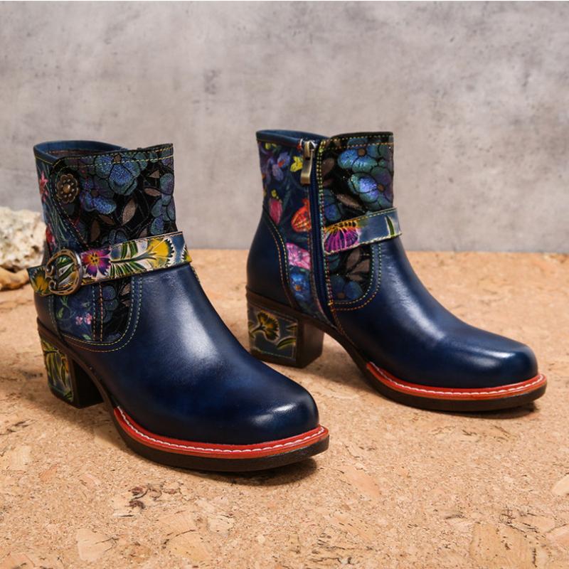 Johnature Vintage Floral High Heeled Women's Boots Genuine Leather Shoes Hand-painted Belt Buckle Fashion Short Boots