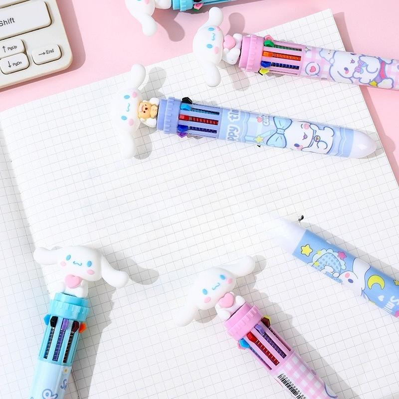 Sanrio 36Pcs Lovely Cinnamoroll Ten Color Ballpoint Pen, 0.7mm Cute Blue Dog Cartoon Shaped Pressing Drawing Graffiti Pen, Every Pen Is A Delightful