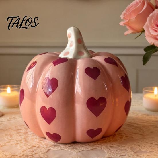 Autumn Harvest Table Decor Pink Ceramic Pumpkin with Heart Pattern, Artificial Figurine, Romantic Gift for Girlfriend Fall Tabletop Ornaments Harvest,