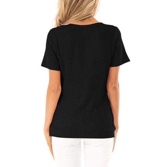 Women Tops Short Sleeve V-Neck Pleated Hem Tee Shirt Solid Color Draped