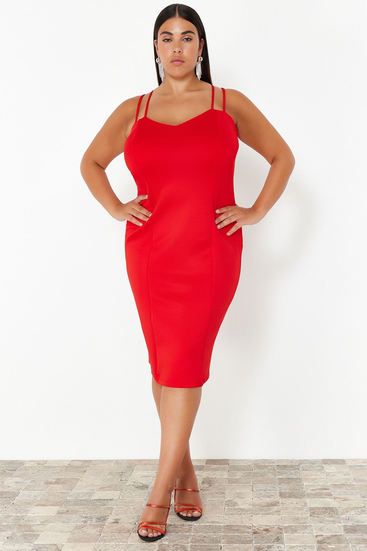 

Women s Style Plus Size Dress Red Sweetheart Neckline Strap Knitted Dress 2XL
