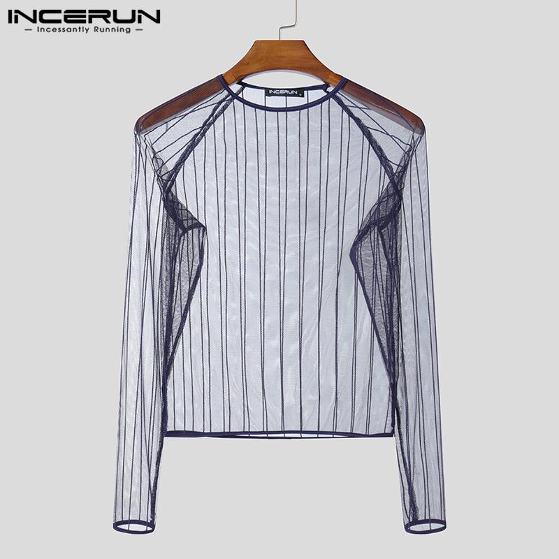 INCERUN Men Long Sleeve Mesh See Through Skinny T-shirts Partywear Clubwear