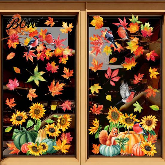 Seasonal Store Window Decorations Autumn Harvest Decals, Sunflower Maple Leaf Pumpkin Bird Static Cling Stickers, No Glue Glass Decals Reusable