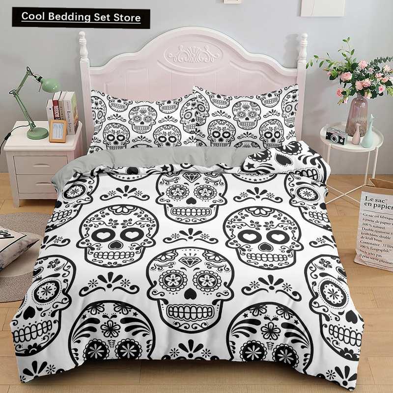Skull Couple King Queen Duvet Cover Skeleton Bride Bedding Set for Kids Teens Adults Halloween White 2/3pcs Soft Quilt Cover