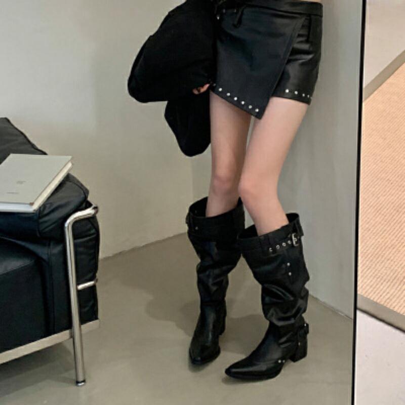 Pile boots autumn and winter thin sleeve western boots retro pointed big tube circumference high heel boots long boots women