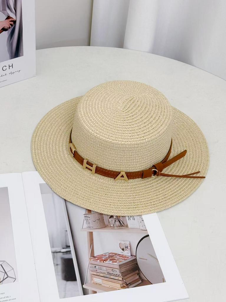 New straw hat women's summer vacation rhinestone letter CHA belt personalized flat top hat British style