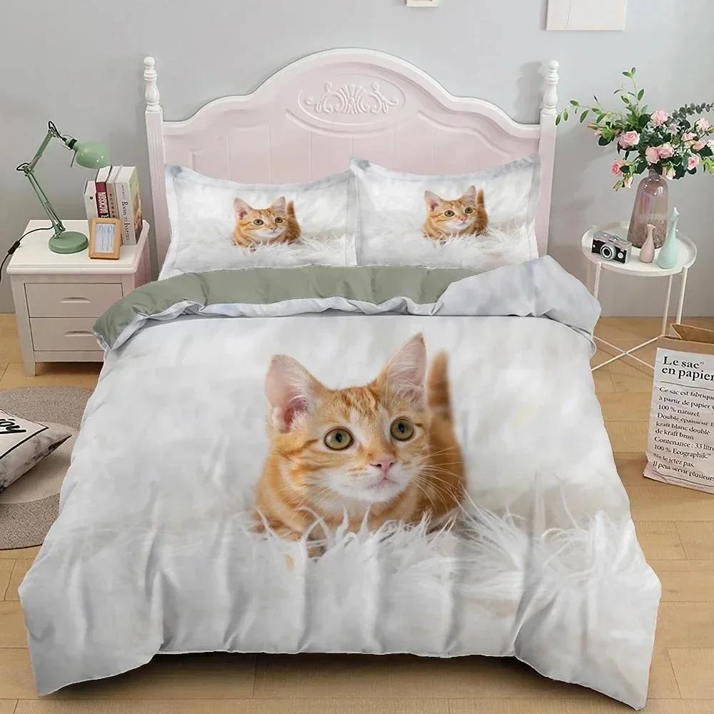 3D Bedding Sets Red Duvet Quilt Cover Set Comforter Bed Linen Pillowcase King Queen Size Pet Cat Design For Kids Girls
