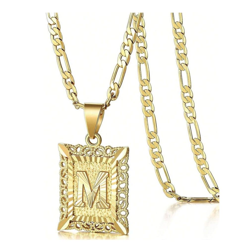 Initial Necklace Square Letter Pendant Necklace Capital Monogram Necklace Alhpabets From A-Z Figaro Chain Necklace