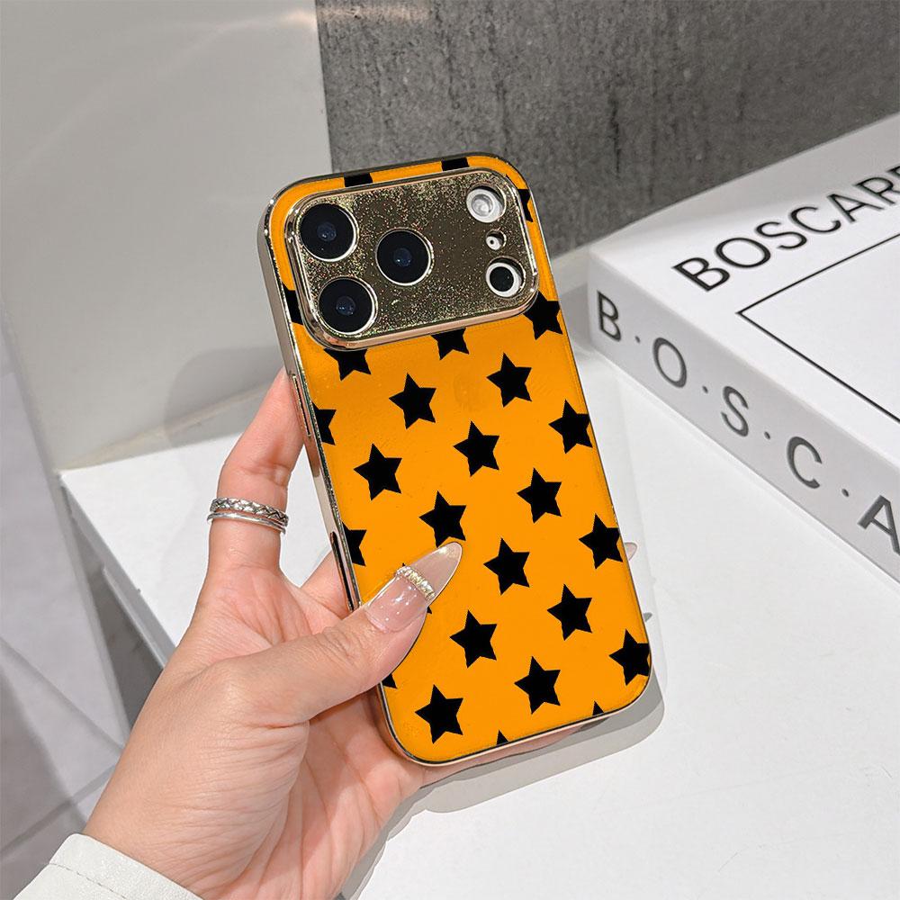 Lucky Start Phone Case For iPhone 17 16 15 14 13 12 11 Pro Max 16E Gold Electroplated Glass Shell Retro Heartbeat Cover
