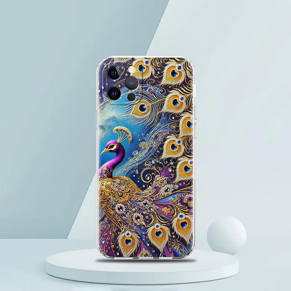 Soft TPU Transparent Phone Case Cover for iPhone 16 15 14 13 12 11 Pro Max XR 8 7 Plus XR Shell Animal Cute Peacock Pattern Bags