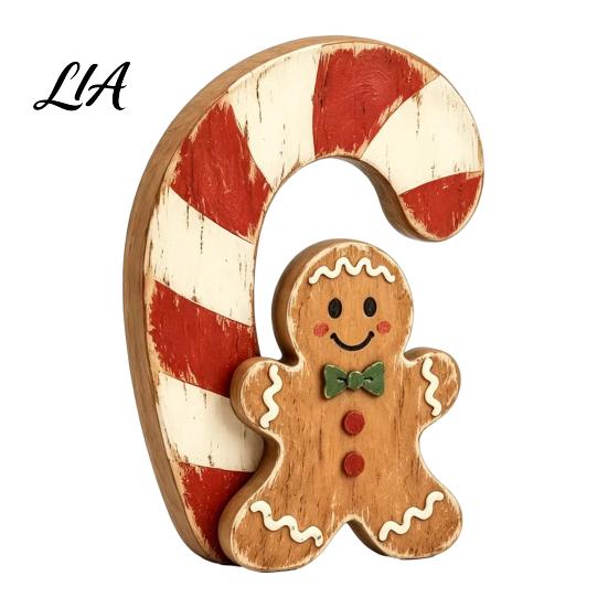 Durable Solid Wood Ornaments Christmas Wooden Gingerbread Man Decor, Rustic Gingerbread, Candy Cane House Figurines, Xmas Tabletop for Mantel