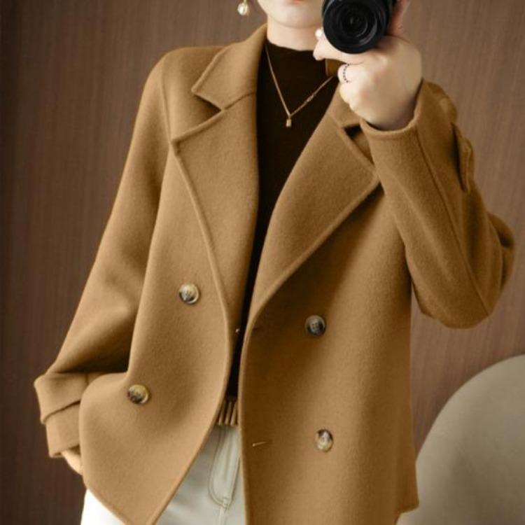 Women Double Breasted Woolen Coat Fall Winter Long Sleeve Thickened Warm Loose Lapel Solid Color Formal Business Style