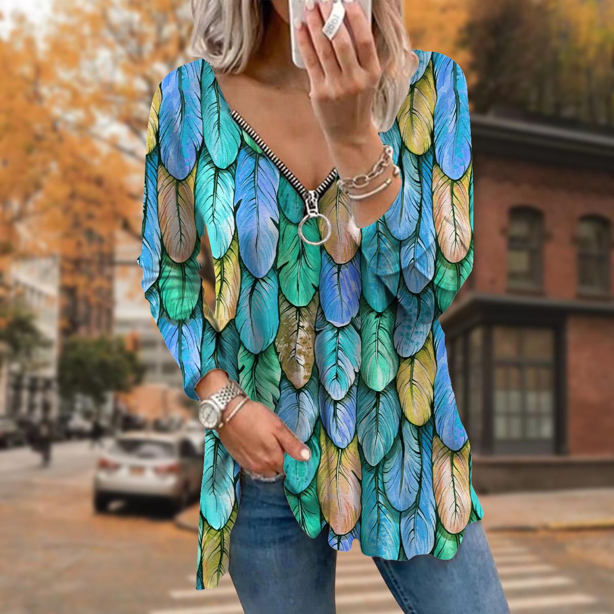 

Женские осенние красочные мини-футболки с длинным рукавом и принтом перьев, свободные футболки больших размеров с V-образным вырезом, удобные блузки 8XL светло-зеленый