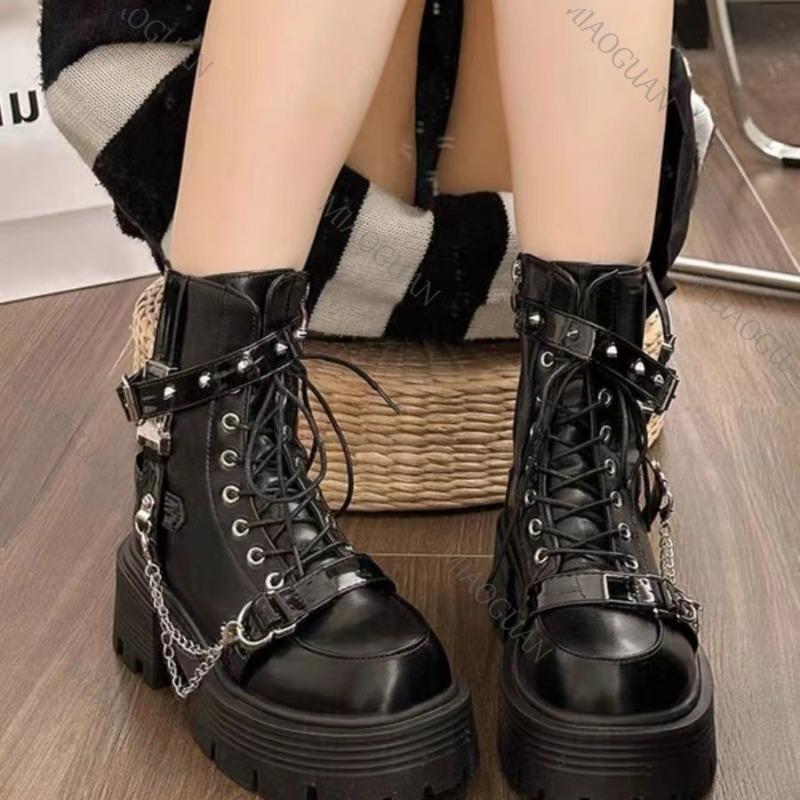 Süße Punk-Stiefeletten mit dickem Absatz für Damen, Herbstneu, Schwarze Nieten, Gothic, Klobiger Absatz, Motorrad-Stiefel, Schuhe mit seitlichem Reißverschluss