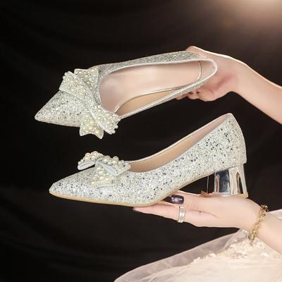 High Heels,Thick Heels, Wedding Shoes, Women's Bow, Bridal Shoes, Xiuhe Wedding Dress, Two Pairs of Crystal French Women's Shoes
